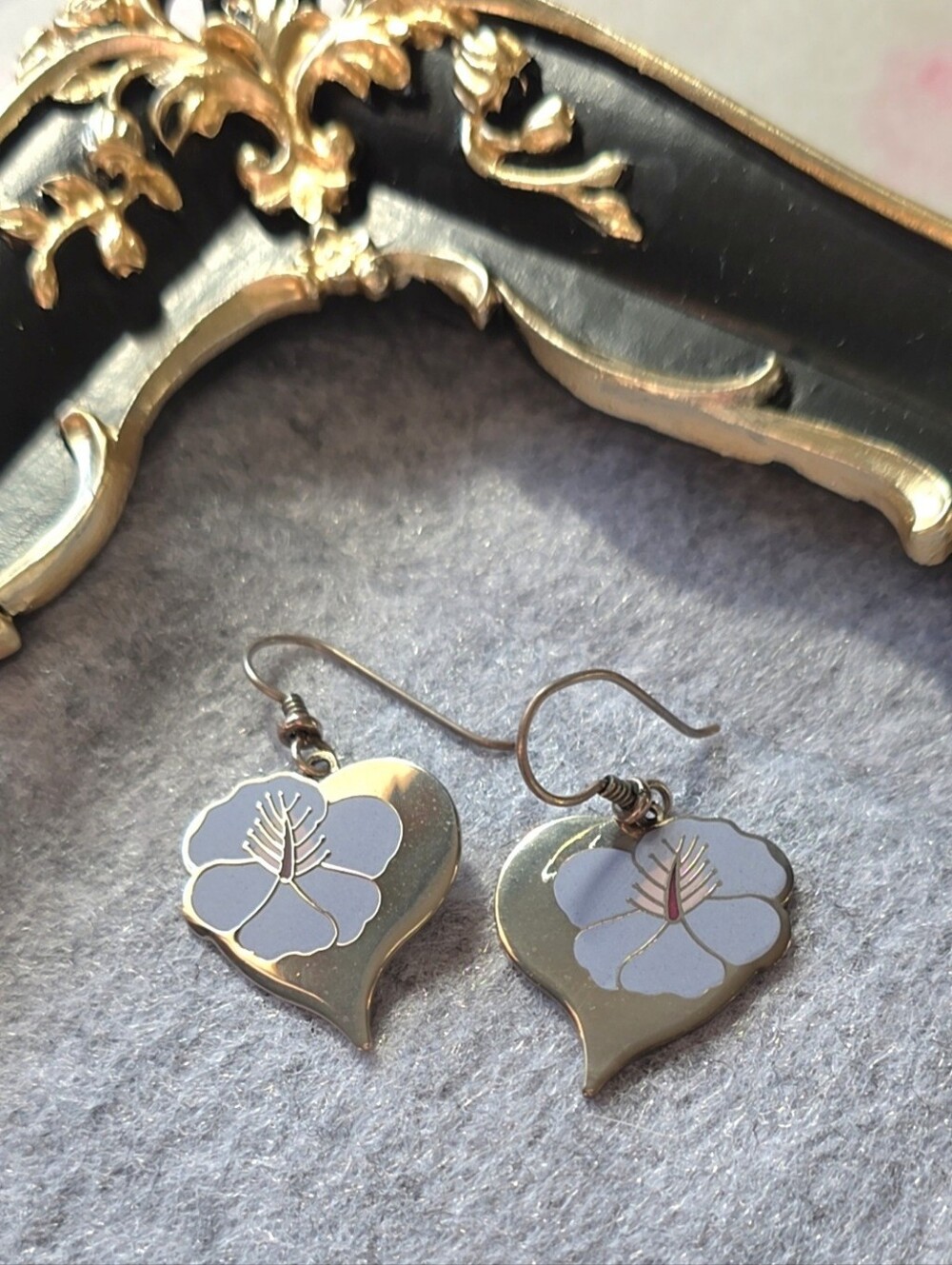 Vintage Laurel Burch Hibiscus Heart Enamel Dangle Earrings 1980s Signed